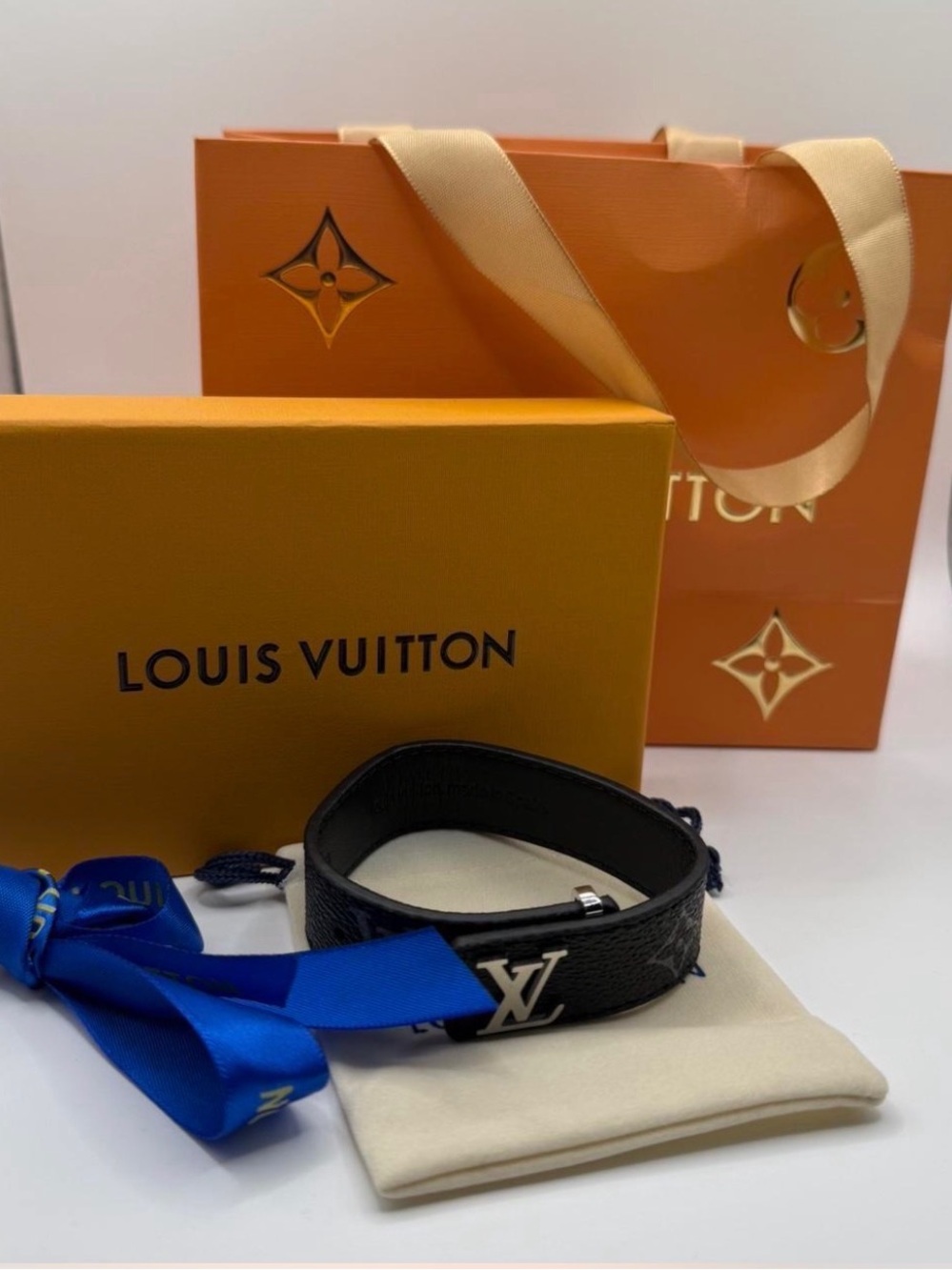 Louis Vuitton Black Monogram LV Bracelet with Silver Hardware